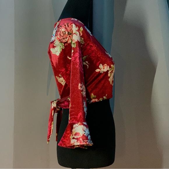 Forever 21 Velvet Floral Crop Top Surplice Deep Vneck Ballet Wrap Tie Waist - Picture 3 of 9